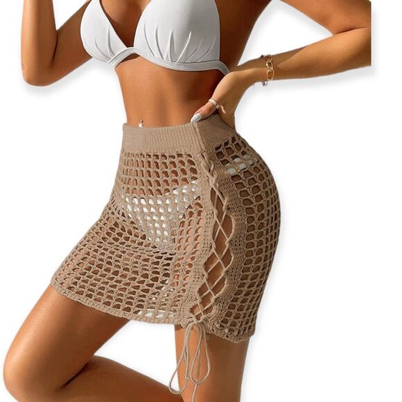 Tan Hollow Out Sides Lace Up Corset Beach Cover Bikini Mini Skirt - NEW - Picture 4 of 4